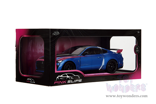 Jada Toys Pink Slips - Ford Mustang Shelby® GT500® with Display Base (2020, 1/18 scale diecast model car, Blue/Black with Pink stripes) 35723