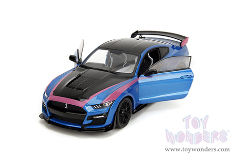 Jada Toys Pink Slips - Ford Mustang Shelby® GT500® with Display Base (2020, 1/18 scale diecast model car, Blue/Black with Pink stripes) 35723