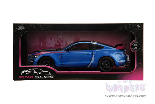 Jada Toys Pink Slips - Ford Mustang Shelby® GT500® with Display Base (2020, 1/18 scale diecast model car, Blue/Black with Pink stripes) 35723