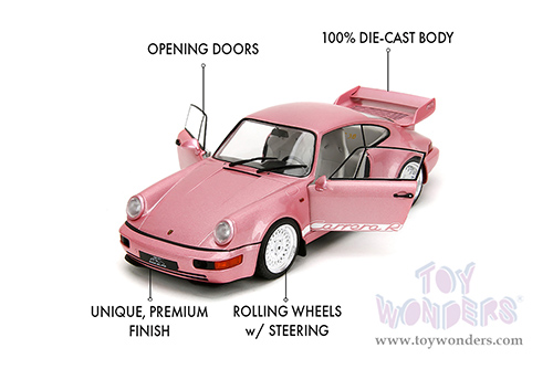 Jada Toys Pink Slips - Porsche 911 Carrera RS (964) with Display Base (1/18 scale diecast model car, Metallic Pink/w White stripes) 35727