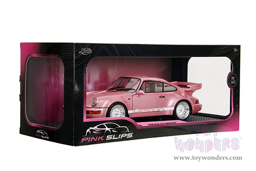 Jada Toys Pink Slips - Porsche 911 Carrera RS (964) with Display Base (1/18 scale diecast model car, Metallic Pink/w White stripes) 35727