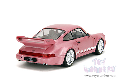 Jada Toys Pink Slips - Porsche 911 Carrera RS (964) with Display Base (1/18 scale diecast model car, Metallic Pink/w White stripes) 35727