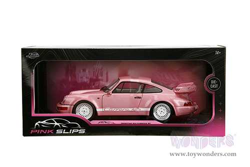 Jada Toys Pink Slips - Porsche 911 Carrera RS (964) with Display Base (1/18 scale diecast model car, Metallic Pink/w White stripes) 35727