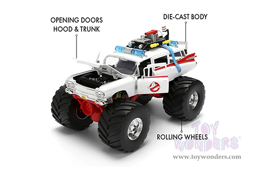 Jada Toys - Hollywood Rides | Ghostbusters™ Ecto-1™ Cadillac Ambulance Monster Truck (1/24 scale diecast model car, White) 35943