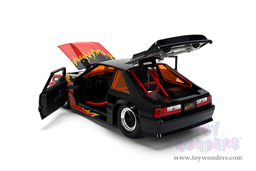 Jada Toys - Hollywood Rides | Ford Mustang GT with Chester Cheetah Diecast Figure "Cheetos® Flamin' Hot®" (1989, 1/24, diecast model car, Black/w Red flames) 36255