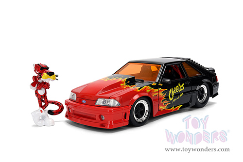 Jada Toys - Hollywood Rides | Ford Mustang GT with Chester Cheetah Diecast Figure "Cheetos® Flamin' Hot®" (1989, 1/24, diecast model car, Black/w Red flames) 36255