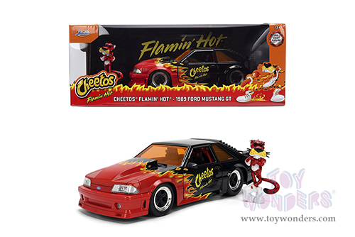 Jada Toys - Hollywood Rides | Ford Mustang GT with Chester Cheetah Diecast Figure "Cheetos® Flamin' Hot®" (1989, 1/24, diecast model car, Black/w Red flames) 36255