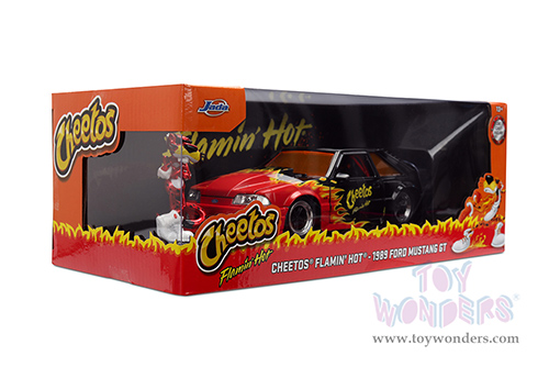 Jada Toys - Hollywood Rides | Ford Mustang GT with Chester Cheetah Diecast Figure "Cheetos® Flamin' Hot®" (1989, 1/24, diecast model car, Black/w Red flames) 36255