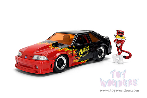 Jada Toys - Hollywood Rides | Ford Mustang GT with Chester Cheetah Diecast Figure "Cheetos® Flamin' Hot®" (1989, 1/24, diecast model car, Black/w Red flames) 36255