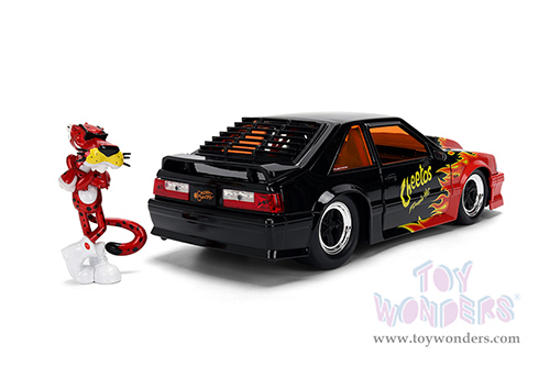 Jada Toys - Hollywood Rides | Ford Mustang GT with Chester Cheetah Diecast Figure "Cheetos® Flamin' Hot®" (1989, 1/24, diecast model car, Black/w Red flames) 36255