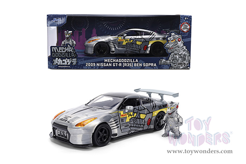 Jada Toys - Hollywood Rides | Nissan Skyline GT-R (R35) Ben Sopra with Mechagodzilla Diecast Figure "Godzilla" (2009, 1/24, diecast model car, Silver) 36285