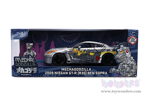 Jada Toys - Hollywood Rides | Nissan Skyline GT-R (R35) Ben Sopra with Mechagodzilla Diecast Figure "Godzilla" (2009, 1/24, diecast model car, Silver) 36285
