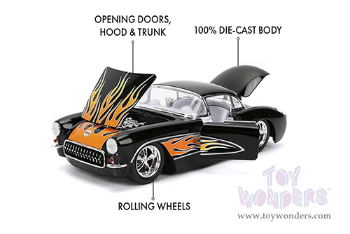Jada Toys Bigtime Muscle - Chevrolet® Corvette® Hardtop (1957, 1/24 scale diecast model car, Black/w Flames) 36300