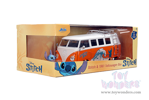 Jada Toys - Hollywood Rides | Disney Stitch Volkswagen Bus with Stitch Diecast Figure (1961, 1/24, diecast model car, Orange/White) 36340
