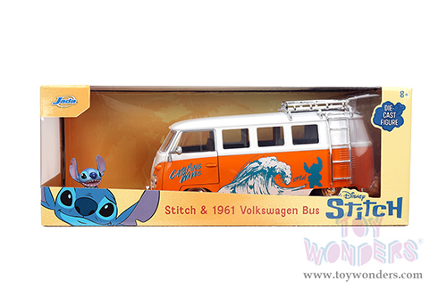 Jada Toys - Hollywood Rides | Disney Stitch Volkswagen Bus with Stitch Diecast Figure (1961, 1/24, diecast model car, Orange/White) 36340