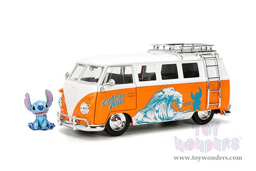 Jada Toys - Hollywood Rides | Disney Stitch Volkswagen Bus with Stitch Diecast Figure (1961, 1/24, diecast model car, Orange/White) 36340