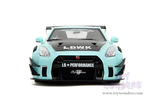 Jada Toys Pink Slips - Nissan GT-R (R35) with Liberty Walk Body Kit 2.0 and Display Base (2020, 1/18 scale diecast model car, Seafoam Blue/White Stripes) 36382