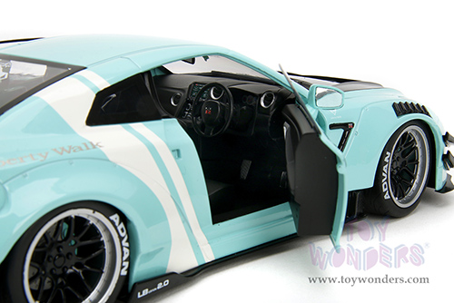 Jada Toys Pink Slips - Nissan GT-R (R35) with Liberty Walk Body Kit 2.0 and Display Base (2020, 1/18 scale diecast model car, Seafoam Blue/White Stripes) 36382