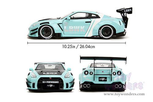 Jada Toys Pink Slips - Nissan GT-R (R35) with Liberty Walk Body Kit 2.0 and Display Base (2020, 1/18 scale diecast model car, Seafoam Blue/White Stripes) 36382