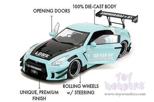 Jada Toys Pink Slips - Nissan GT-R (R35) with Liberty Walk Body Kit 2.0 and Display Base (2020, 1/18 scale diecast model car, Seafoam Blue/White Stripes) 36382