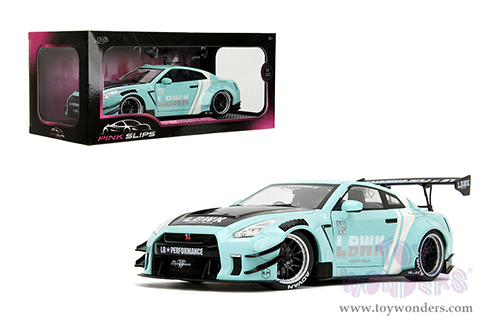Jada Toys Pink Slips - Nissan GT-R (R35) with Liberty Walk Body Kit 2.0 and Display Base (2020, 1/18 scale diecast model car, Seafoam Blue/White Stripes) 36382