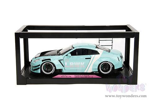Jada Toys Pink Slips - Nissan GT-R (R35) with Liberty Walk Body Kit 2.0 and Display Base (2020, 1/18 scale diecast model car, Seafoam Blue/White Stripes) 36382