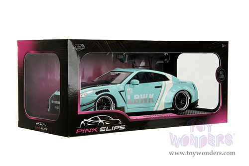 Jada Toys Pink Slips - Nissan GT-R (R35) with Liberty Walk Body Kit 2.0 and Display Base (2020, 1/18 scale diecast model car, Seafoam Blue/White Stripes) 36382
