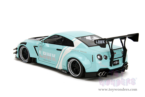 Jada Toys Pink Slips - Nissan GT-R (R35) with Liberty Walk Body Kit 2.0 and Display Base (2020, 1/18 scale diecast model car, Seafoam Blue/White Stripes) 36382