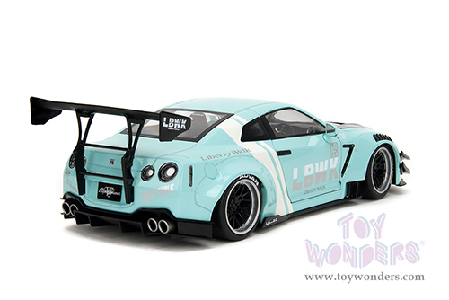 Jada Toys Pink Slips - Nissan GT-R (R35) with Liberty Walk Body Kit 2.0 and Display Base (2020, 1/18 scale diecast model car, Seafoam Blue/White Stripes) 36382