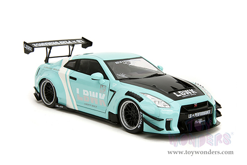 Jada Toys Pink Slips - Nissan GT-R (R35) with Liberty Walk Body Kit 2.0 and Display Base (2020, 1/18 scale diecast model car, Seafoam Blue/White Stripes) 36382
