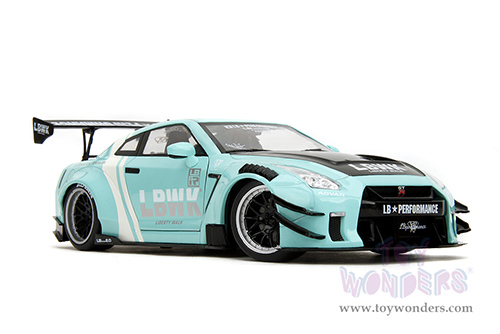 Jada Toys Pink Slips - Nissan GT-R (R35) with Liberty Walk Body Kit 2.0 and Display Base (2020, 1/18 scale diecast model car, Seafoam Blue/White Stripes) 36382
