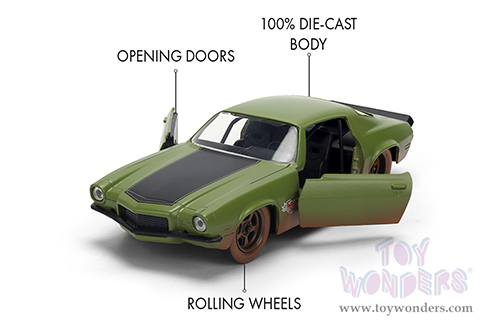 Jada Toys Fast & Furious - Chevrolet® Camaro® "F-Bomb" Dirty Version (1973, 1/32 scale diecast model car, Matte Green) 36393