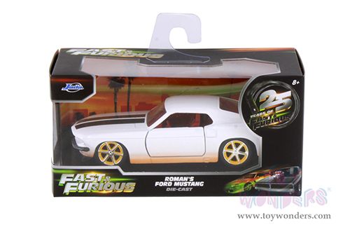 Jada Toys Fast & Furious - Roman's Ford Mustang Dirty Version - 25th Anniversary Series (1969, 1/32 scale diecast model car, White) 36394