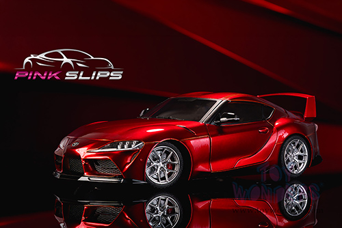 Jada Toys Pink Slips - Toyota GR Supra with Display Base (1/18 scale diecast model car, Candy Red) 36468