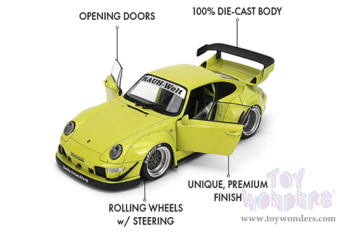 Jada Toys Pink Slips - Porsche RWB Body Kit Genki with Display Base (1/18 scale diecast model car, Lime Green) 36472