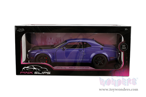 Jada Toys Pink Slips - Dodge Challenger SRT Demon with Display Base (1/18 scale diecast model car, Purple/Black) 36473