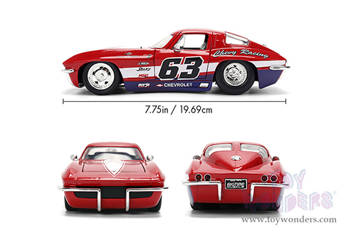 Jada Toys Bigtime Muscle - Chevrolet® Corvette® Stingray #63 - Chevy Racing (1963, 1/24 scale diecast model car, Red/White strips) 36594