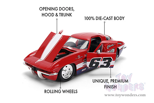 Jada Toys Bigtime Muscle - Chevrolet® Corvette® Stingray #63 - Chevy Racing (1963, 1/24 scale diecast model car, Red/White strips) 36594