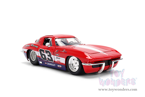 Jada Toys Bigtime Muscle - Chevrolet® Corvette® Stingray #63 - Chevy Racing (1963, 1/24 scale diecast model car, Red/White strips) 36594