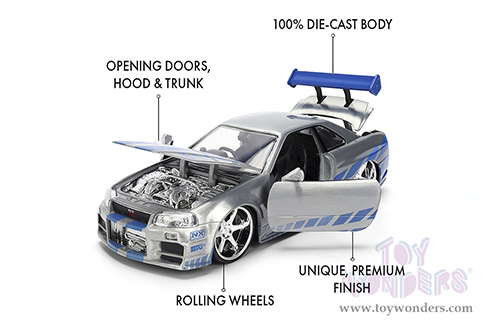Jada Toys Fast & Furious - Brian's Nissan Skyline GT-R (R34) - 25th Anniversary series (1/24 scale diecast model car, Silver Brush Finish) 36818