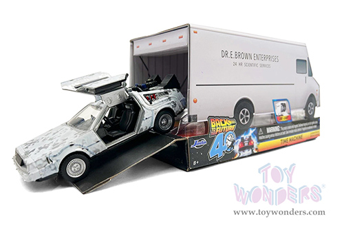 Jada Toys - Hollywood Rides | DeLorean DMC (Time Machine) "Back to the Future" with Dr. E. Brown's Enterprise truck 40th Anniversary Special Packaging (1/32 scale diecast model car, Frost Brush Metal) 36848