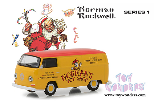 Greenlight - Norman Rockwell™ Delivery Vehicles Series 1 |  Volkswagen Type-2 Panel Van - Norman's Toy Shop (1969, 1/64 scale die cast model car, Yellow/Red) 37150D/48