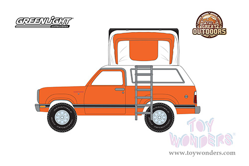  Greenlight - The Great Outdoors Series 2 | Dodge Ramcharger SE and Modern Rooftop Tent (1977, 1/64 scale diecast model car, Orange) 38030B/48