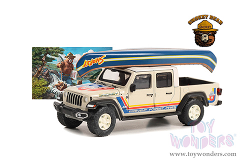  Greenlight - Smokey Bear Series 2 | Jeep® Gladiator Pickup Truck with Canoe on Roof "Prevent Forest Fires!” (2021, 1/64 scale diecast model car, Tan with Stripes) 38040F/48