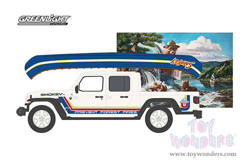  Greenlight - Smokey Bear Series 2 | Jeep® Gladiator Pickup Truck with Canoe on Roof "Prevent Forest Fires!” (2021, 1/64 scale diecast model car, Tan with Stripes) 38040F/48