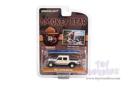  Greenlight - Smokey Bear Series 2 | Jeep® Gladiator Pickup Truck with Canoe on Roof "Prevent Forest Fires!” (2021, 1/64 scale diecast model car, Tan with Stripes) 38040F/48