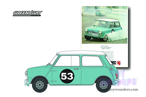 Greenlight - Vintage Ad Cars Series 5 | Morris Mini Cooper S #53 "There Goes Mrs. Armstrong to Deliver a Baby" (1967, 1/64 scale diecast model car, Baby Blue with White Top) 39080B/48