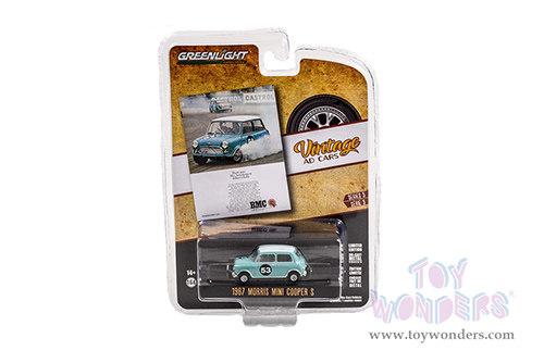 Greenlight - Vintage Ad Cars Series 5 | Morris Mini Cooper S #53 "There Goes Mrs. Armstrong to Deliver a Baby" (1967, 1/64 scale diecast model car, Baby Blue with White Top) 39080B/48