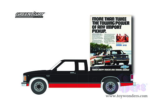 Greenlight - Vintage Ad Cars Series 5 | Chevrolet&reg; S-10 Maxi-Cab Pickup Truck "More than Twice the Towing Power of Any Import Pickup" (1983, 1/64 scale diecast model car, Black/Red Stripes) 39080E/48