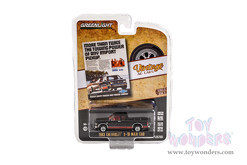 Greenlight - Vintage Ad Cars Series 5 | Chevrolet&reg; S-10 Maxi-Cab Pickup Truck "More than Twice the Towing Power of Any Import Pickup" (1983, 1/64 scale diecast model car, Black/Red Stripes) 39080E/48
